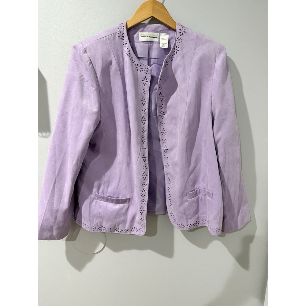 Alfred Dunner Women's Sz 14 Open Front Blazer Purple Lilac Faux Suede